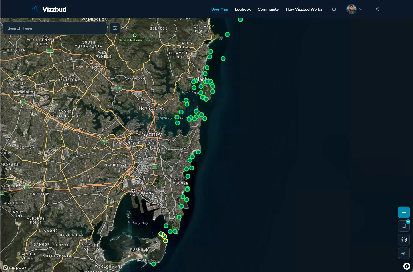 Interactive dive site map with live conditions